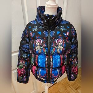 RARE NEW Dolls Kill Higher Calling Black Stained Glass Puffer Bomber Jacket M